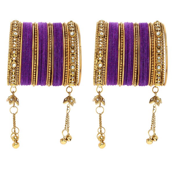 Gold-Plated Purple Matte Finish Velvet Cz Studded Tasselled Bangles Set Of 56