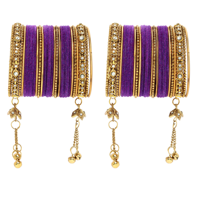 Gold-Plated Purple Matte Finish Velvet Cz Studded Tasselled Bangles Set Of 56