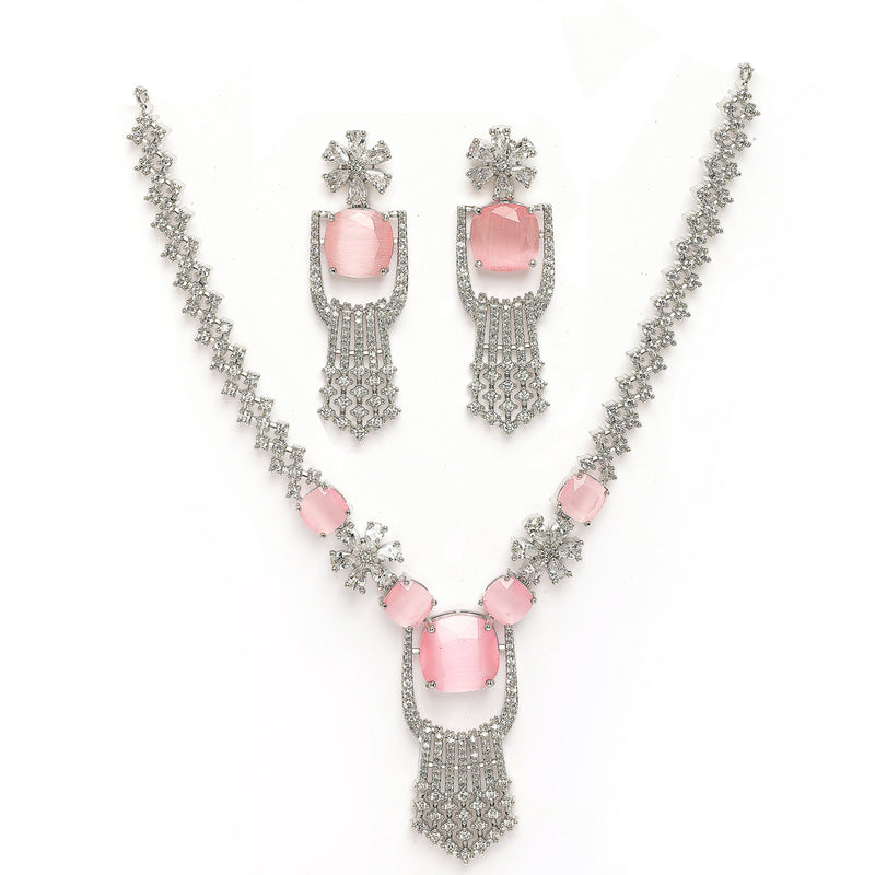 Rhodium Plated Silver Toned Floral Shaped Pink & White American Diamond Studded Jewellery Set
