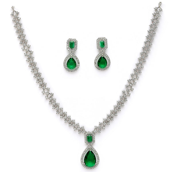 Rhodium Plated Silver Toned Teardrop Shaped Green & White American Diamond Studded Jewellery Set