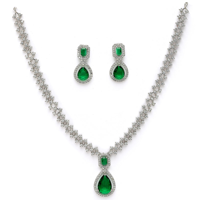 Rhodium Plated Silver Toned Teardrop Shaped Green & White American Diamond Studded Jewellery Set