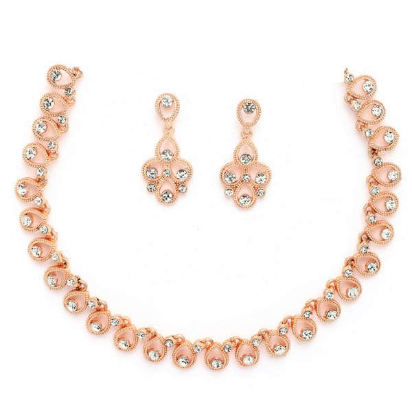 Rose Gold Plated Teardrop Shaped White Cubic Zirconia Studded Jewellery Set