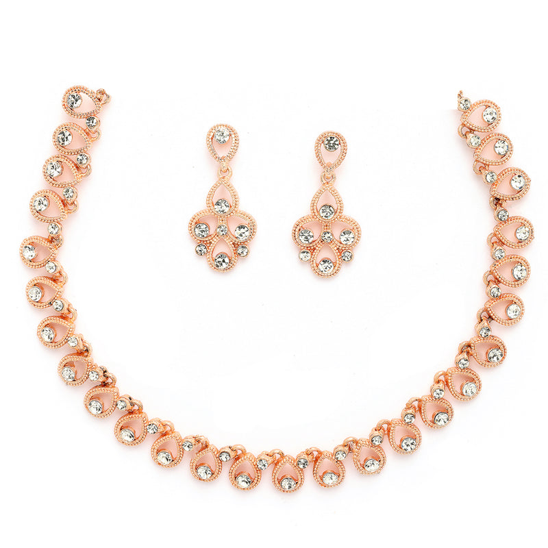 Rose Gold Plated Teardrop Shaped White Cubic Zirconia Studded Jewellery Set