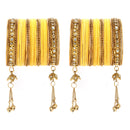 Gold-Plated Yellow Matte Finish Velvet Cz Studded Tasselled Bangles Set Of 56