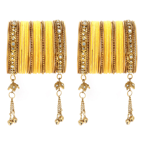 Gold-Plated Yellow Matte Finish Velvet Cz Studded Tasselled Bangles Set Of 56