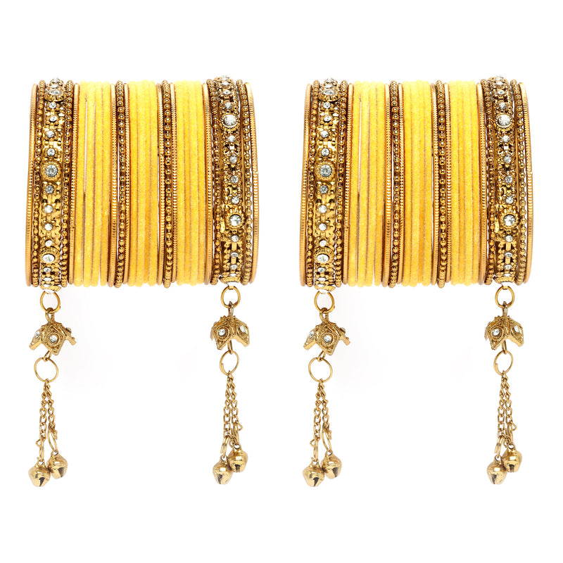 Gold-Plated Yellow Matte Finish Velvet Cz Studded Tasselled Bangles Set Of 56