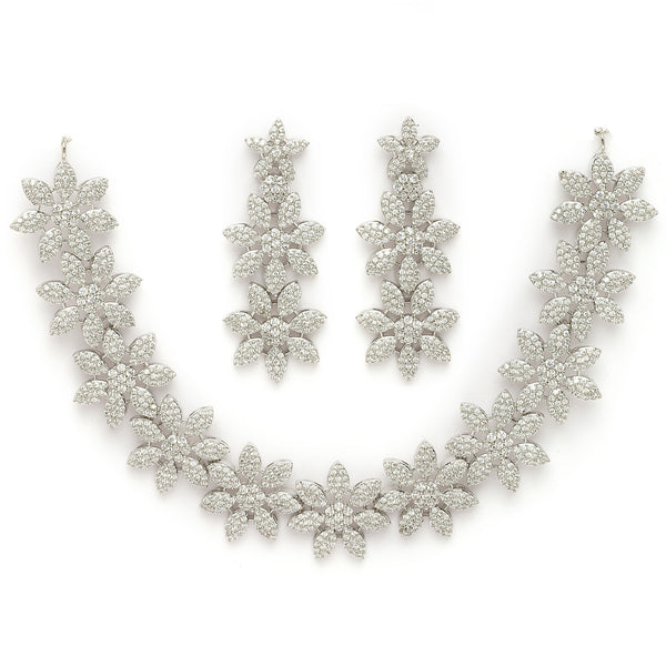 Rhodium Plated Silver Toned Floral Shaped White American Diamond Studded Jewellery Set