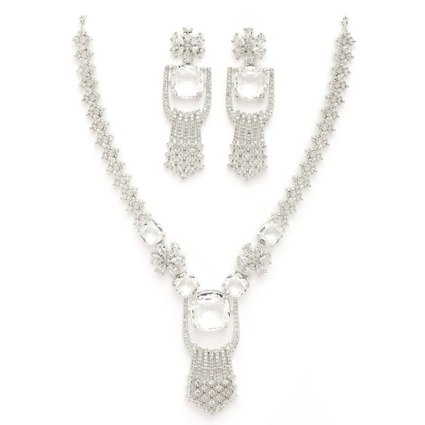 Rhodium Plated Silver Toned White American Diamond Studded Jewellery Set