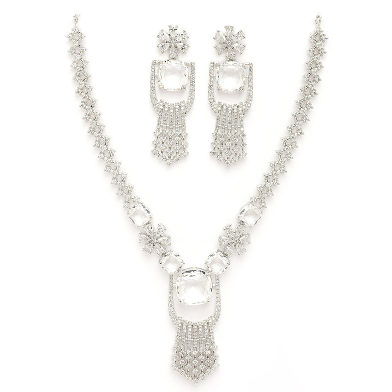 Rhodium Plated Silver Toned White American Diamond Studded Jewellery Set
