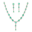 Rhodium Plated Silver Toned Circle Shaped Sea Green American Diamond Studded Jewellery Set