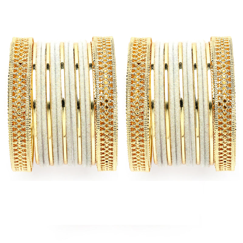 Gold-Plated Matte Finish Grey Velvet Textured Bangles Set Of 30