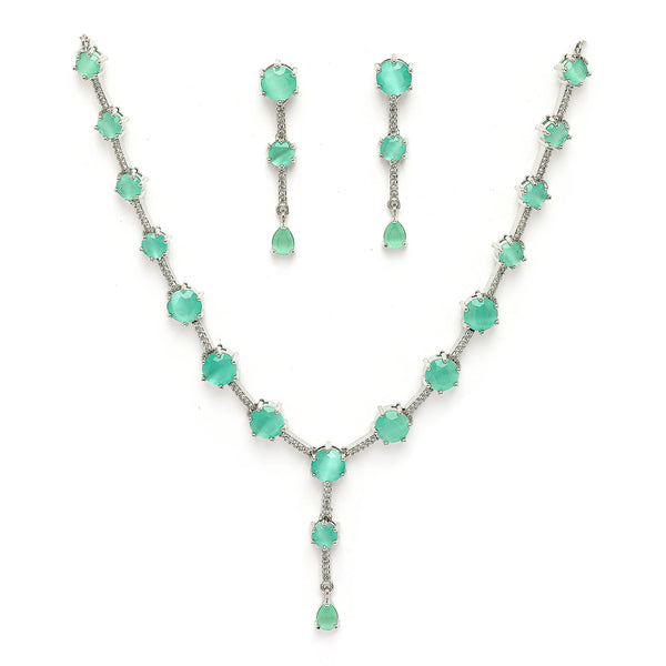 Rhodium Plated Silver Toned Circle Shaped Sea Green American Diamond Studded Jewellery Set