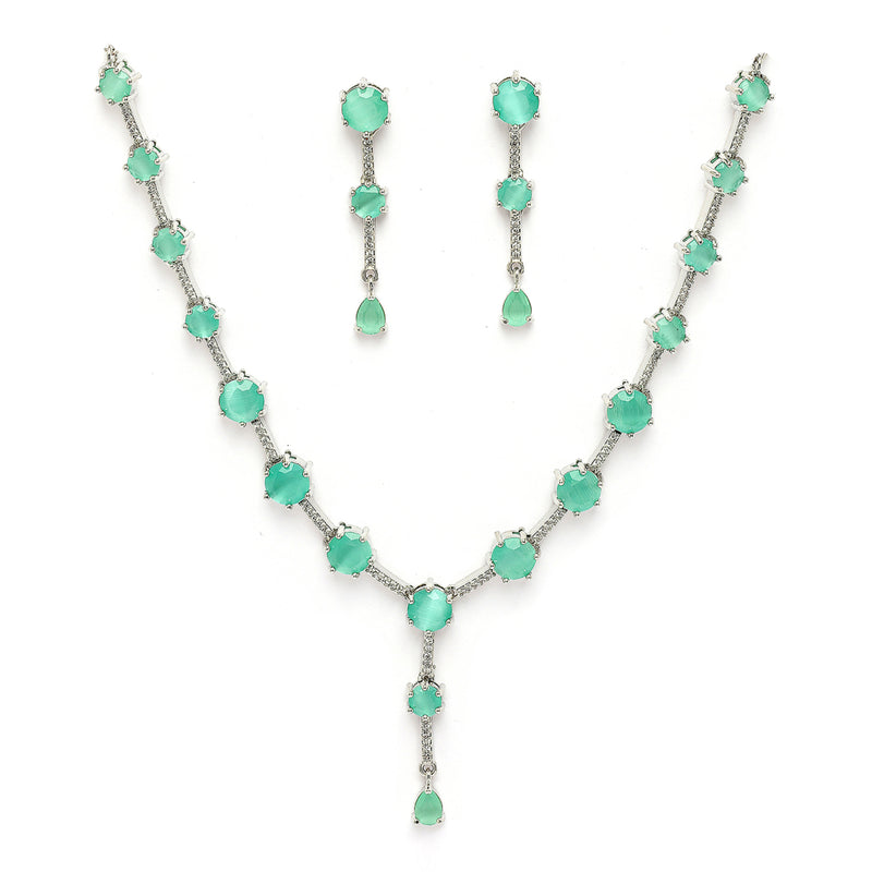 Rhodium Plated Silver Toned Circle Shaped Sea Green American Diamond Studded Jewellery Set