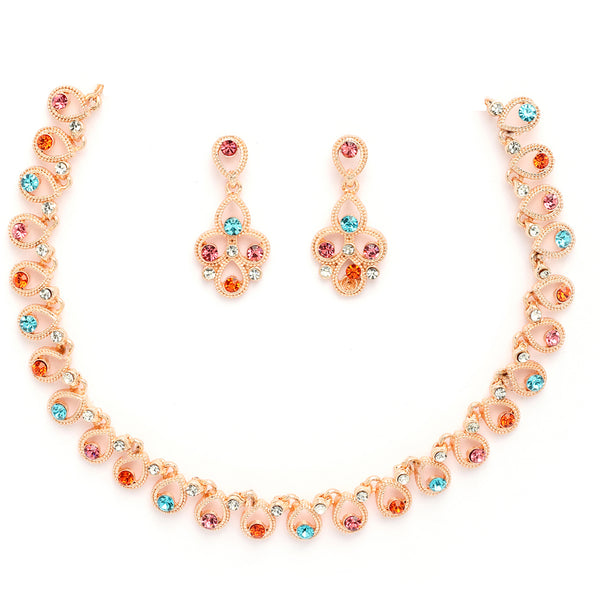 Rose Gold Plated Teardrop Shaped Multicolor Cubic Zirconia Studded Jewellery Set