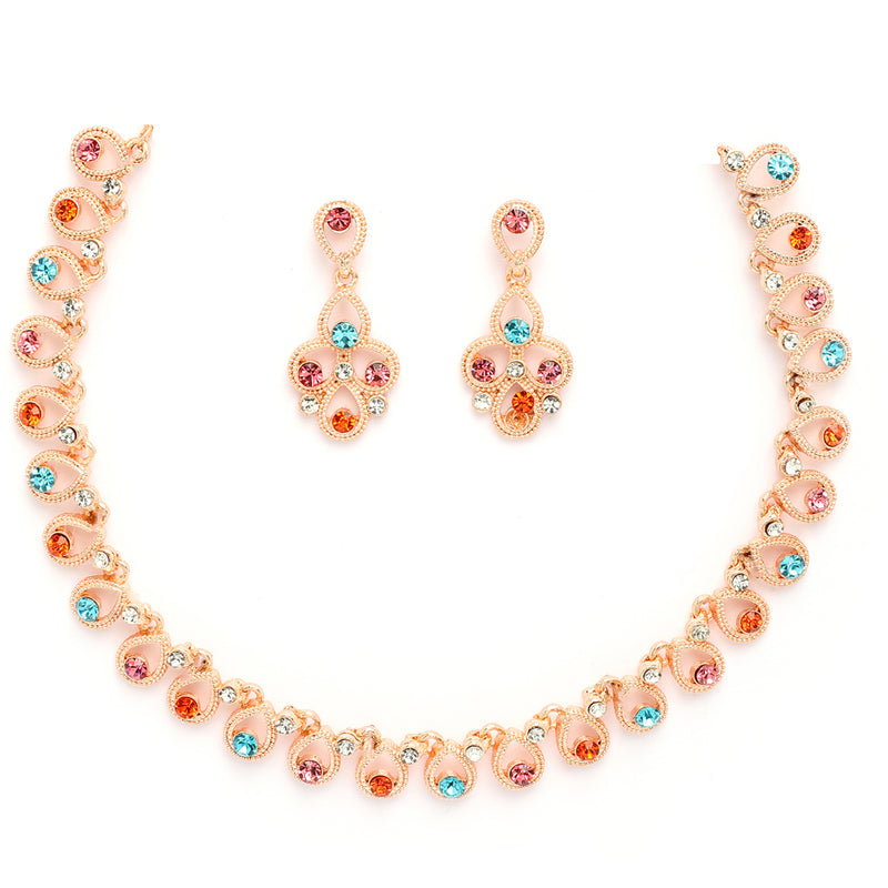Rose Gold Plated Teardrop Shaped Multicolor Cubic Zirconia Studded Jewellery Set
