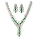 Rhodium Plated Silver Toned Leaf Shaped Green & White American Diamond Studded Necklace With Earrings Jewellery Set