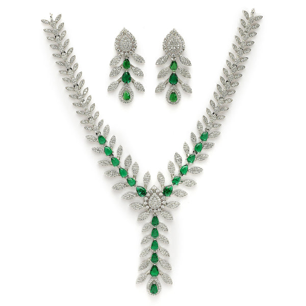 Rhodium Plated Silver Toned Leaf Shaped Green & White American Diamond Studded Necklace With Earrings Jewellery Set