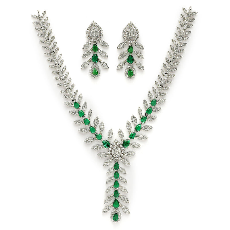 Rhodium Plated Silver Toned Leaf Shaped Green & White American Diamond Studded Necklace With Earrings Jewellery Set