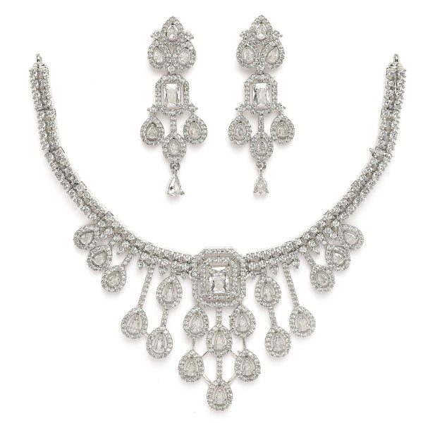 Rhodium Plated Silver Toned Teardrop White American Diamond Studded Jewellery Set