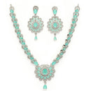Rhodium Plated Silver Toned Ornate Shaped Sea Green & White American Diamond Studded Jewellery Set
