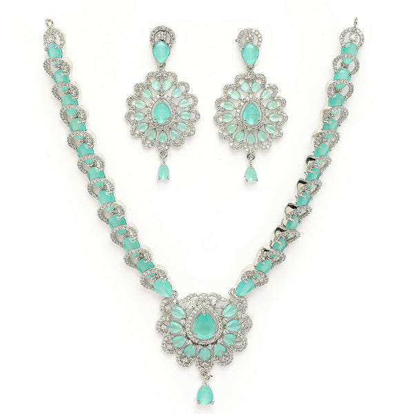 Rhodium Plated Silver Toned Ornate Shaped Sea Green & White American Diamond Studded Jewellery Set