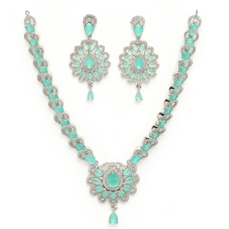 Rhodium Plated Silver Toned Ornate Shaped Sea Green & White American Diamond Studded Jewellery Set