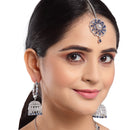 Rhodium-Plated with Silver-Tone Navy Blue & White American Diamond Stone-Studded Jewellery Set Combo