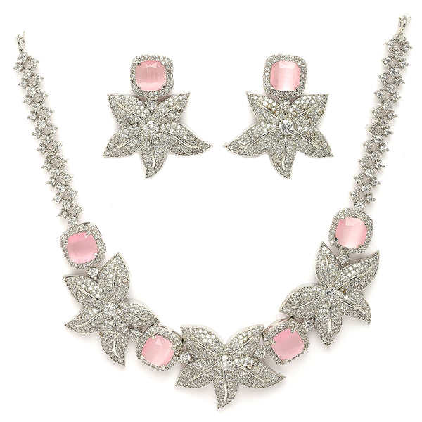 Rhodium Plated Silver Toned Floral Shaped Pink & White American Diamond Studded  Jewellery Set