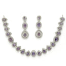 Rhodium Plated Silver Toned Teardrop Shaped Purple & White American Diamond Studded Jewellery Set
