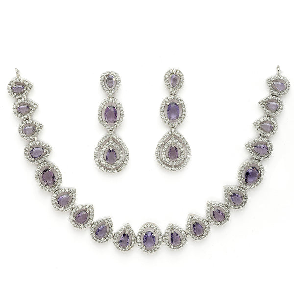 Rhodium Plated Silver Toned Teardrop Shaped Purple & White American Diamond Studded Jewellery Set
