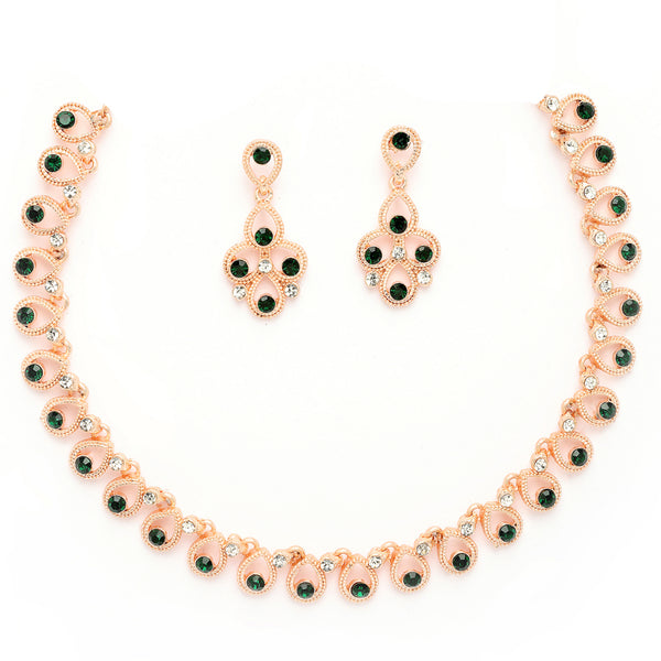 Rose Gold Plated Teardrop Shaped Cubic Zirconia Studded Necklace With Earrings Jewellery Set