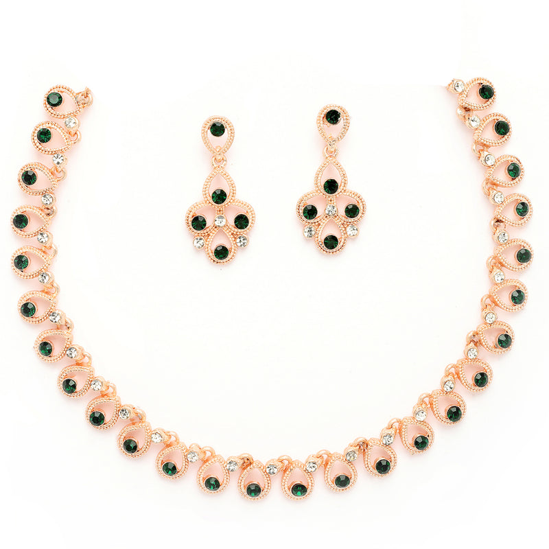 Rose Gold Plated Teardrop Shaped Cubic Zirconia Studded Necklace With Earrings Jewellery Set