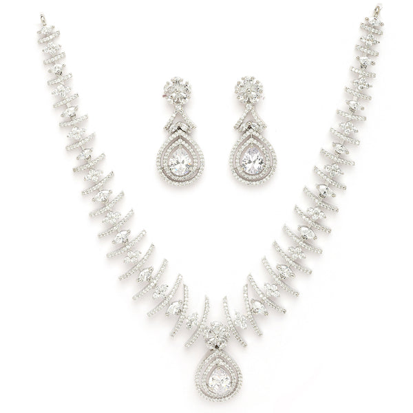 Rhodium Plated Silver Toned White American Diamond Studded Jewellery Set