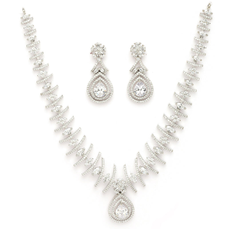 Rhodium Plated Silver Toned White American Diamond Studded Jewellery Set
