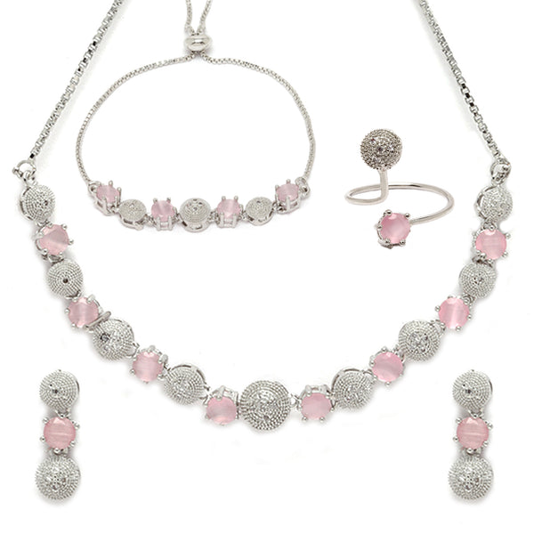 Rhodium-Plated Silver Toned Pink & White American Diamond studded Round Shaped Jewellery Set