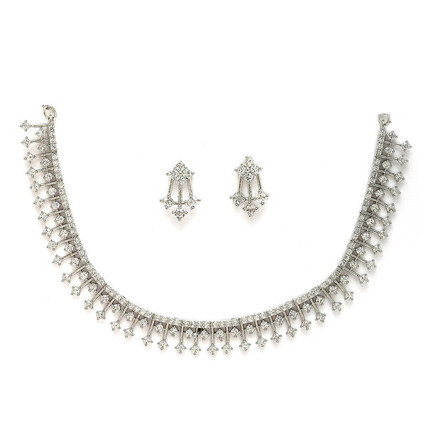 Rhodium Plated Unique Design white American Diamond Stones Studded Jewellery Set
