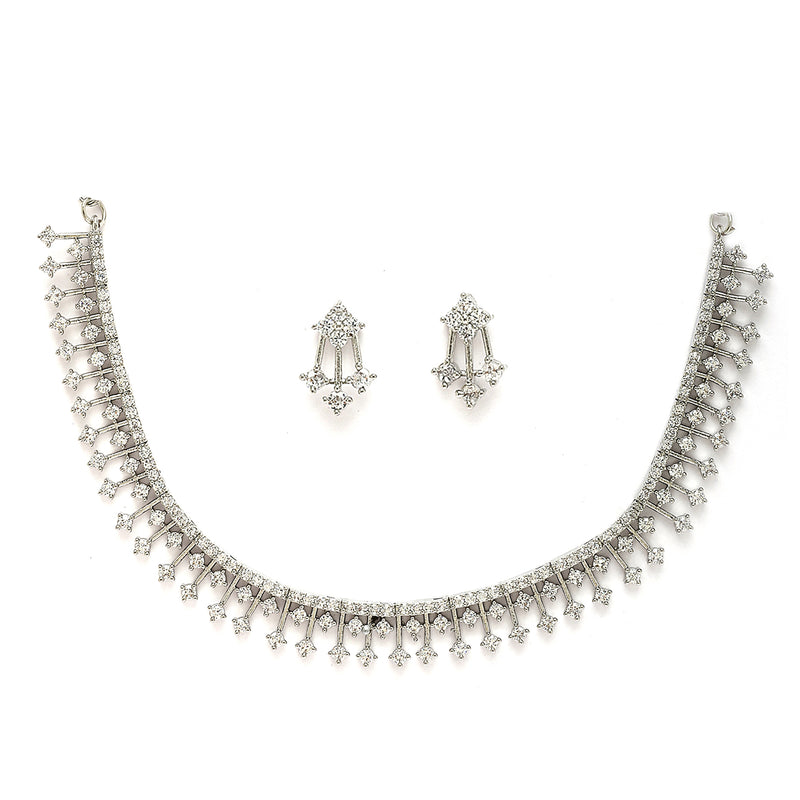 Rhodium Plated Unique Design white American Diamond Stones Studded Jewellery Set