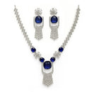 Rhodium Plated Silver Toned Floral Shaped Blue & White American Diamond Studded Jewellery Set