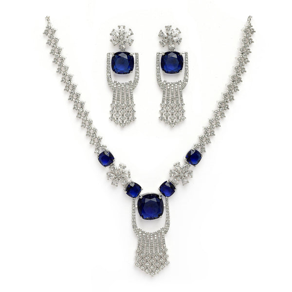Rhodium Plated Silver Toned Floral Shaped Blue & White American Diamond Studded Jewellery Set