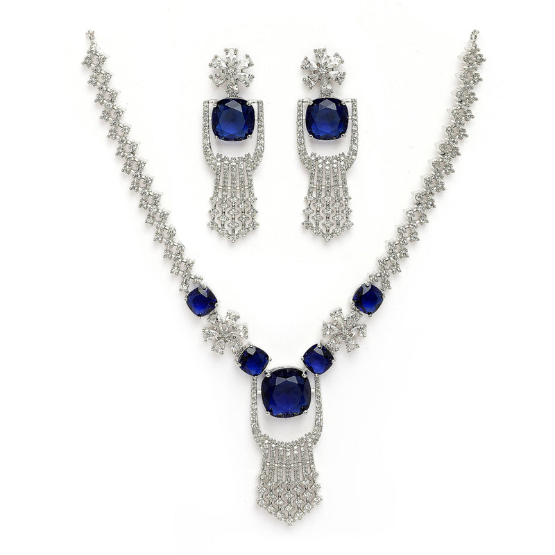 Rhodium Plated Silver Toned Floral Shaped Blue & White American Diamond Studded Jewellery Set