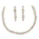 Rhodium Plated Silver Toned Butterfly Shaped Lavender Cubic Zirconia Studded Jewellery Set