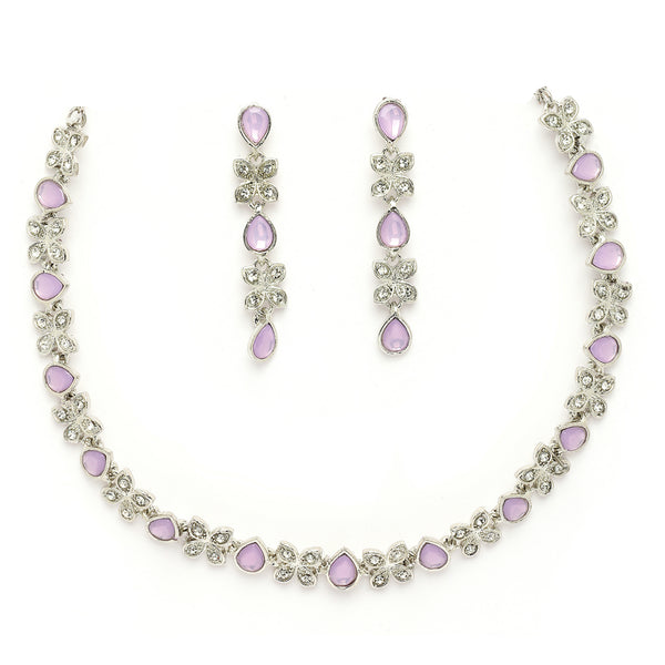 Rhodium Plated Silver Toned Butterfly Shaped Lavender Cubic Zirconia Studded Jewellery Set