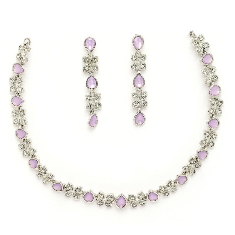 Rhodium Plated Silver Toned Butterfly Shaped Lavender Cubic Zirconia Studded Jewellery Set