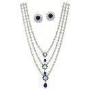 Rhodium Plated Silver Toned Blue & White American Diamond Studded Multi Layered Necklace With Earrings Jewellery