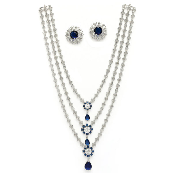 Rhodium Plated Silver Toned Blue & White American Diamond Studded Multi Layered Necklace With Earrings Jewellery