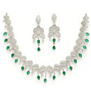 Rhodium Plated Silver Toned Green & White American Diamond Studded Jewellery Set