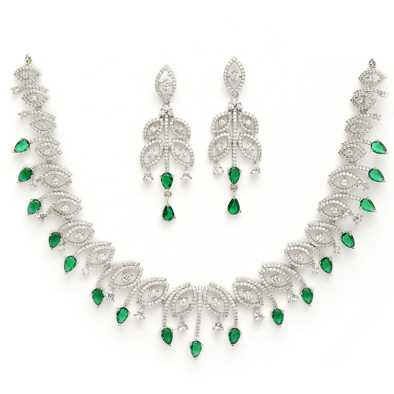 Rhodium Plated Silver Toned Green & White American Diamond Studded Jewellery Set