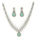 Rhodium Plated Silver Toned Teardrop Shaped Green & White American Diamond Studded Jewellery Set