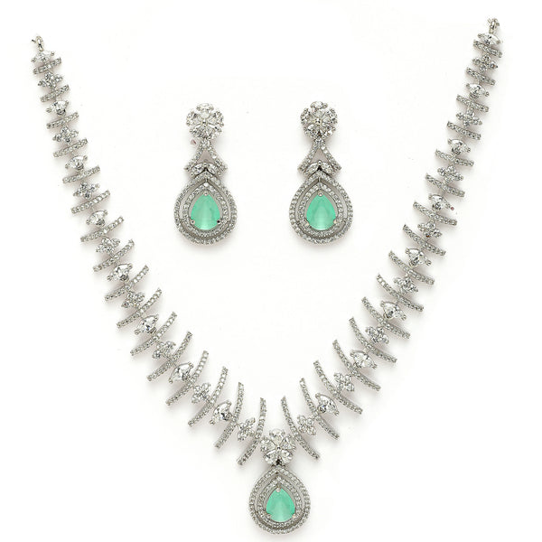 Rhodium Plated Silver Toned Teardrop Shaped Green & White American Diamond Studded Jewellery Set