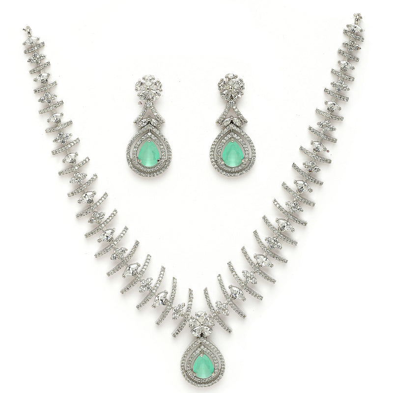 Rhodium Plated Silver Toned Teardrop Shaped Green & White American Diamond Studded Jewellery Set